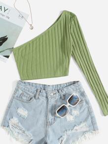 SHEIN EZwear Top corto tejido de canalé con un hombro - Verde - Ver 2