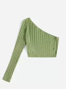SHEIN EZwear Top corto tejido de canalé con un hombro - Verde - Ver 6
