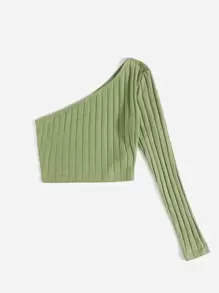 SHEIN EZwear Top corto tejido de canalé con un hombro - Verde - Ver 3