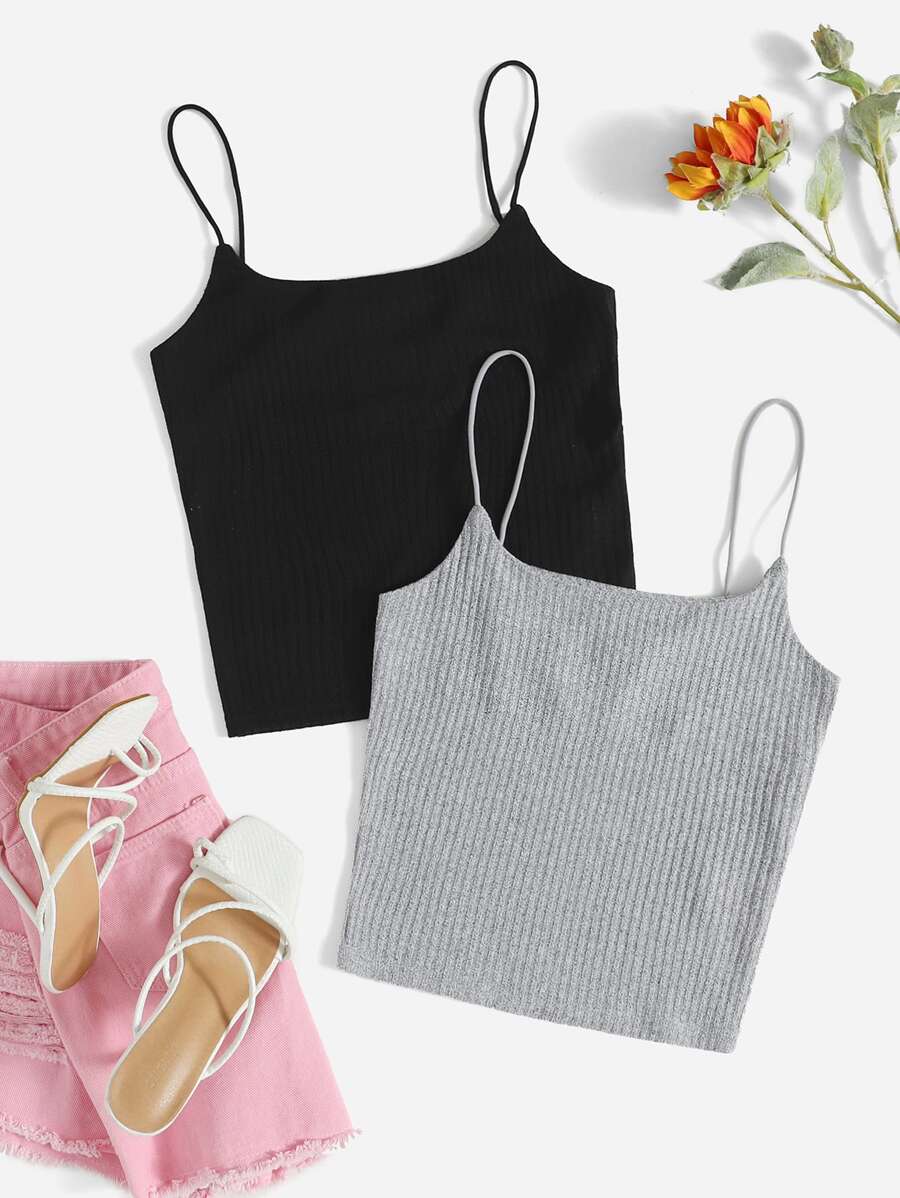 SHEIN Essnce 2 Packs Rib-Knit Cami Top - Multicolor - View 1
