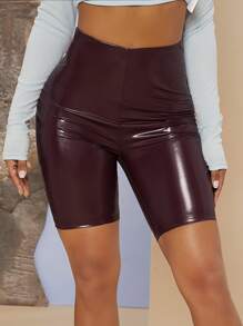 SHEIN PU Leather Cycling Shorts - Burgundy - View 4