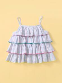 SHEIN Niñitas Vestido de tirantes con puntada en contraste a capas fruncido de rayas - Multicolor - Ver 2