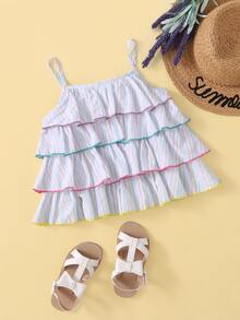 SHEIN Niñitas Vestido de tirantes con puntada en contraste a capas fruncido de rayas - Multicolor - Ver 3