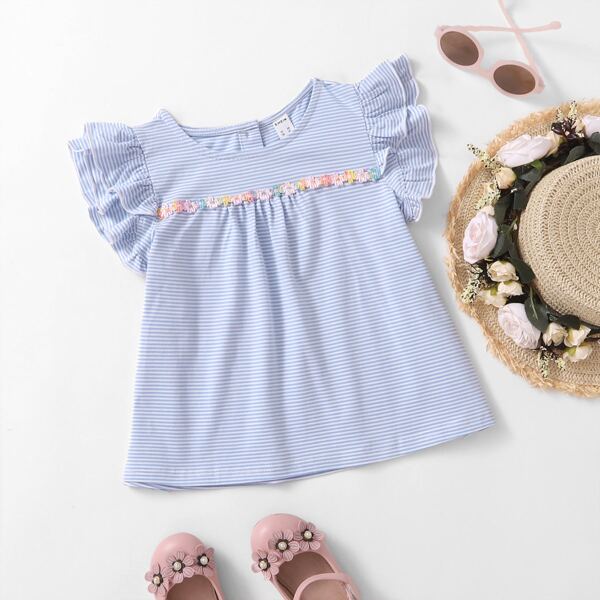 

Toddler Girls Ruffle Trim Floral Detail Striped Top, Blue and white