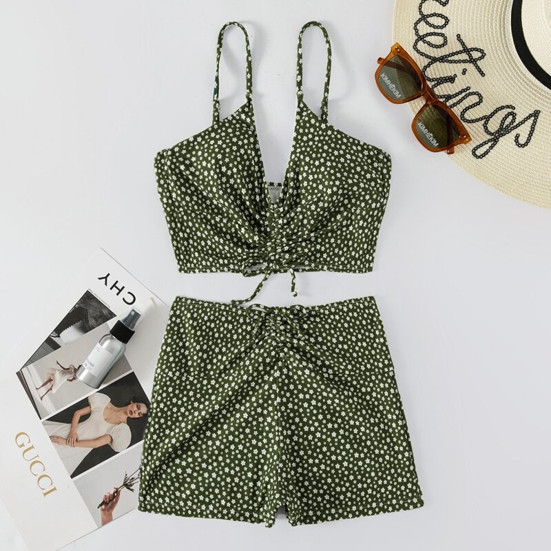 

Ditsy Floral Drawstring Shorts Bikini Swimsuit, Army green