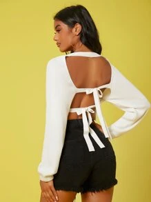 SHEIN SXY Áo len Lộ Lưng Buộc lại Gân đan màu trơn Gợi cảm - trắng - Xem 1