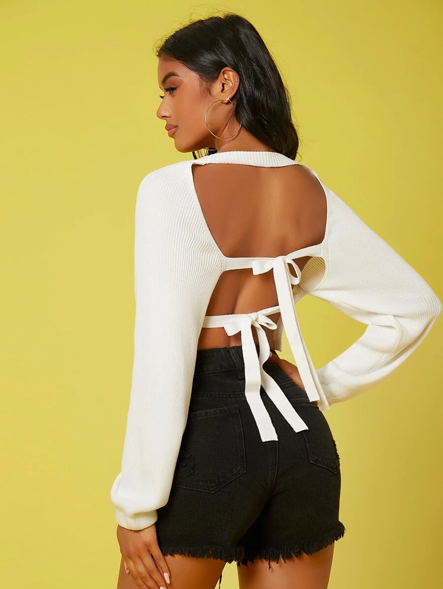 SHEIN SXY Áo len Lộ Lưng Buộc lại Gân đan màu trơn Gợi cảm - trắng - Xem 1