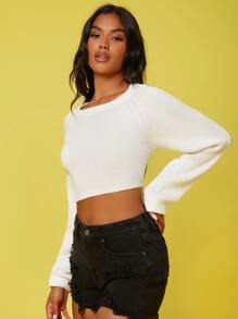 SHEIN SXY Áo len Lộ Lưng Buộc lại Gân đan màu trơn Gợi cảm - trắng - Xem 4