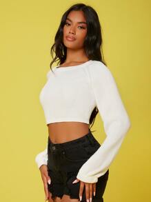 SHEIN SXY Áo len Lộ Lưng Buộc lại Gân đan màu trơn Gợi cảm - trắng - Xem 5