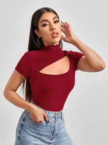 SHEIN EZwear Camiseta unicolor con abertura - Burdeos - Ver 1