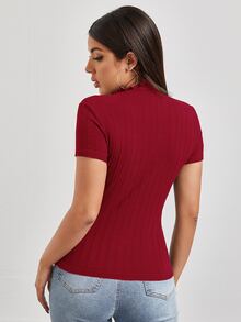 SHEIN EZwear Camiseta unicolor con abertura - Burdeos - Ver 2