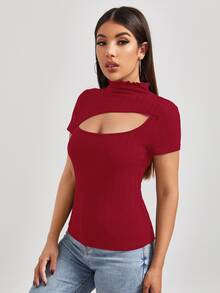 SHEIN EZwear Camiseta unicolor con abertura - Burdeos - Ver 3