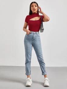 SHEIN EZwear Camiseta unicolor con abertura - Burdeos - Ver 4
