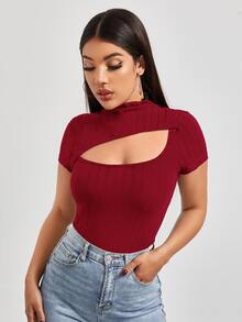 SHEIN EZwear Camiseta unicolor con abertura - Burdeos - Ver 5