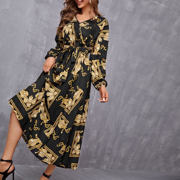 

Baroque Print Bishop Sleeve Belted A-line Dress, Multicolor