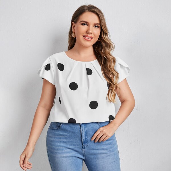 

Plus Polka Dot Petal Sleeve Blouse, White