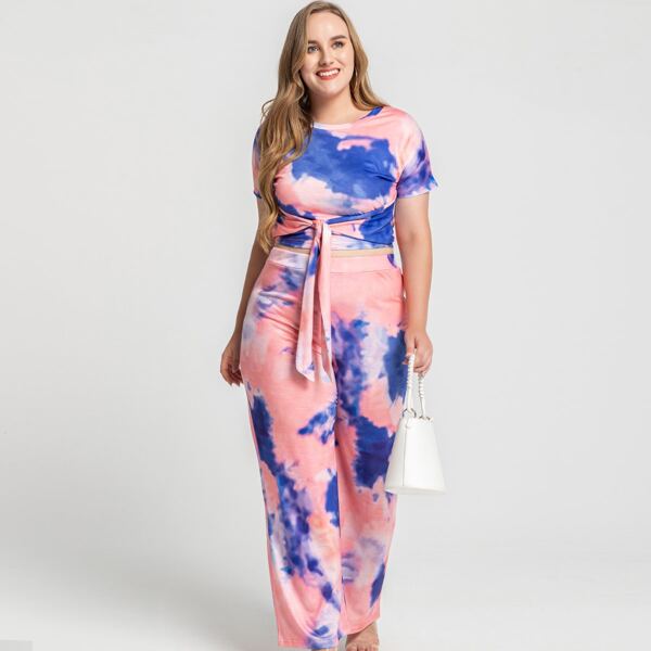 

Plus Tie Dye Knot Front Crop Top & Wide Leg Pants, Multicolor