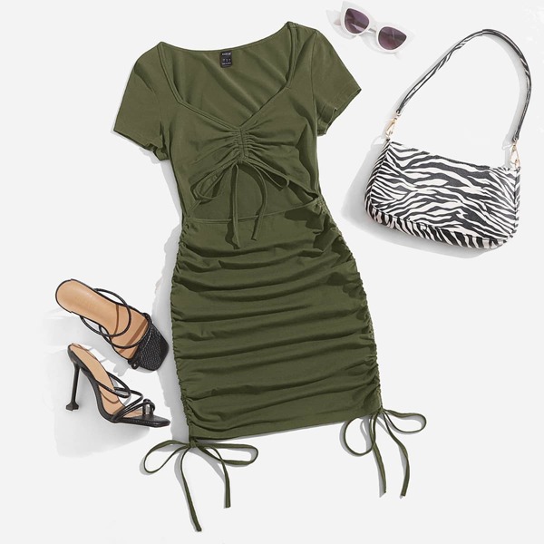 

Drawstring Knot Ruched Cut Out Dress, Army green