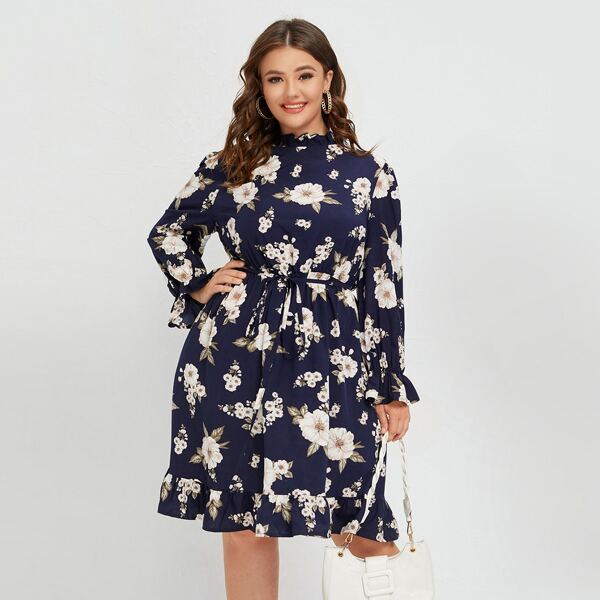 

Plus Floral Print Flounce Sleeve Belted Dress, Multicolor