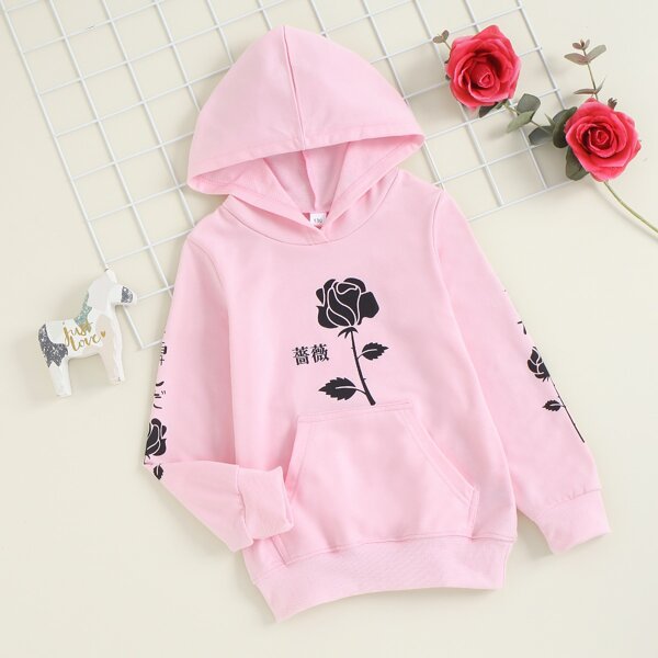 

Girls Chinese Letter & Floral Print Hoodie, Baby pink