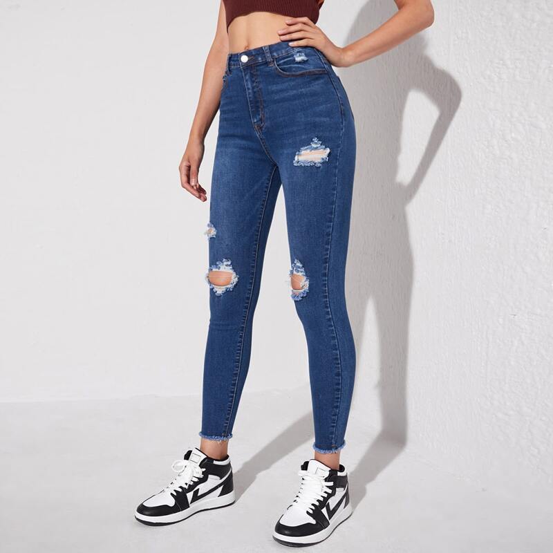 

Ripped Raw Hem Skinny Jeans, Medium wash