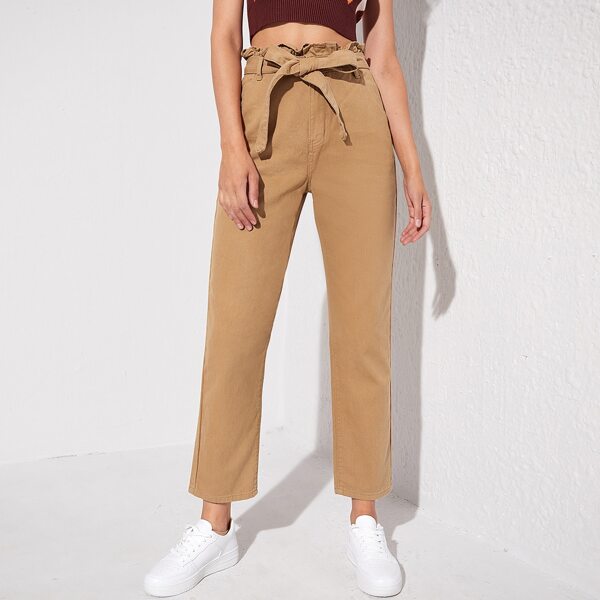 

Paper Bag Waist Belted Jeans, Camel