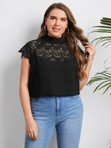 Blusa de cuello alto panel con encaje - Negro - Ver 1