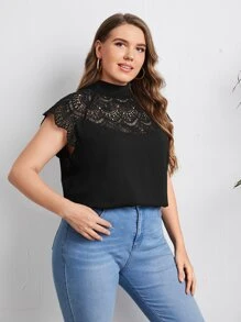 Blusa de cuello alto panel con encaje - Negro - Ver 3