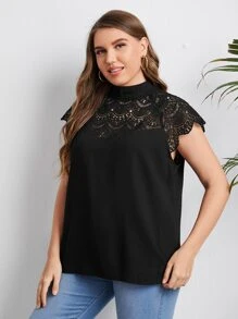 Blusa de cuello alto panel con encaje - Negro - Ver 4