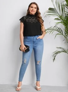 Blusa de cuello alto panel con encaje - Negro - Ver 5