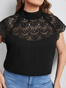 Blusa de cuello alto panel con encaje - Negro - Ver 6