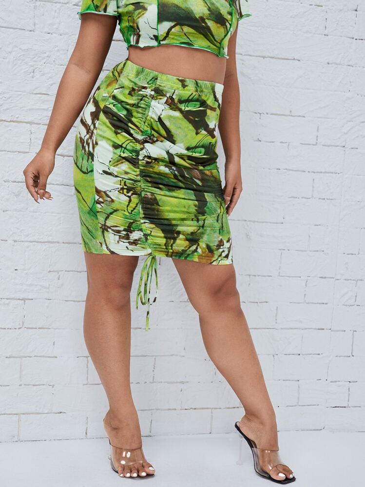 SHEIN SXY Jupes grandes tailles Cordon Plissé Casual Tie dye - Vert - Voir 4