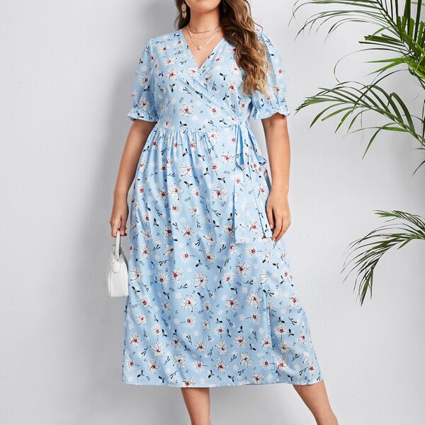 

Plus Floral Print Flounce Sleeve Wrap Tie Side Dress, Baby blue