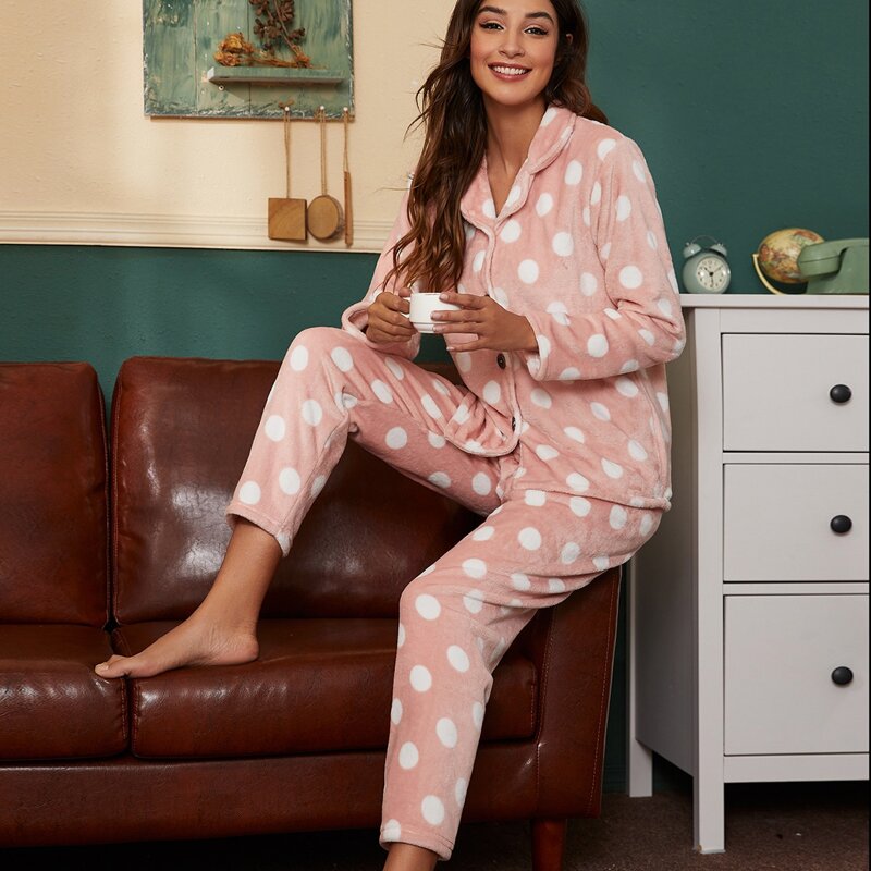 

Lapel Neck Polka Dot Print PJ Set, Baby pink