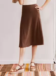 SHEIN 傘狀中長半身裙 - 咖啡棕 - 查看 1