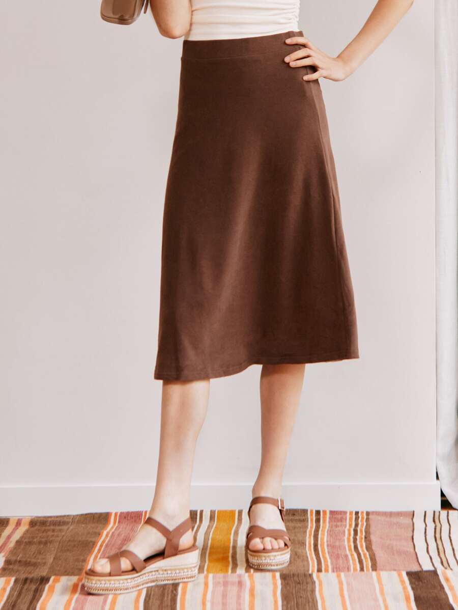 SHEIN 傘狀中長半身裙 - 咖啡棕 - 查看 1