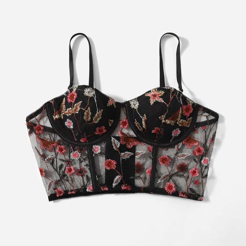

Floral Embroidered Mesh Bra, Black