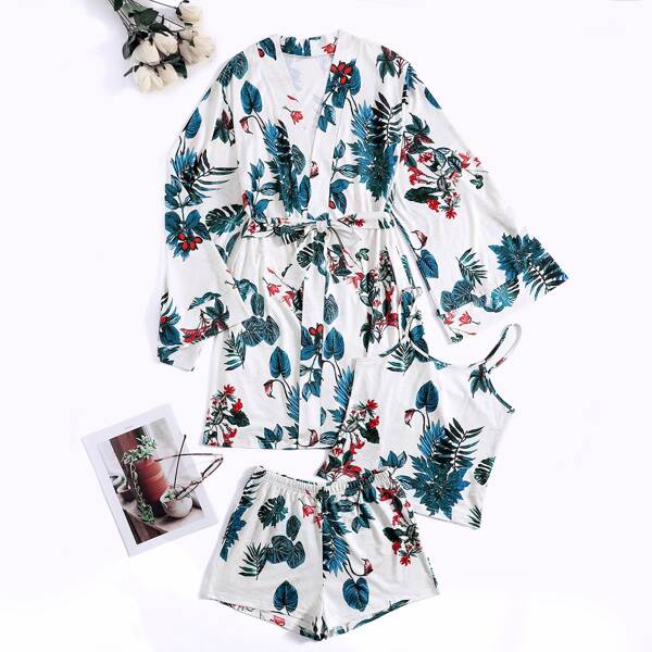 

Tropical Print Sleep Romper With Belted Robe, Multicolor