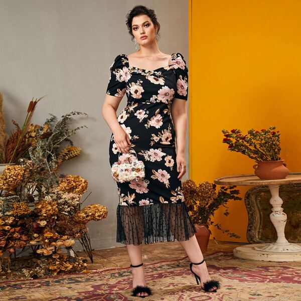 

Plus Floral Print Puff Sleeve Dobby Mesh Hem Bodycon Dress, Black