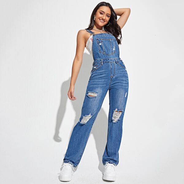 

Kangaroo Pocket Ripped Denim Overalls, Medium wash
