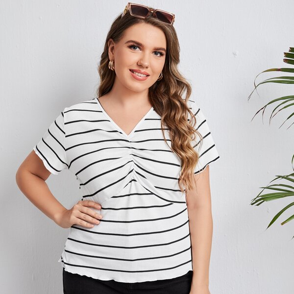 

Plus Striped Print Ruched Bust Tee, White