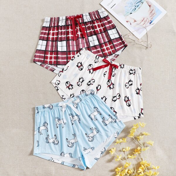 

3pcs Plaid & Penguin & Horse Print Sleep Shorts, Multicolor