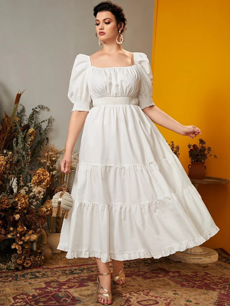 Modelyn 大碼打褶泡泡袖荷葉邊A字連衣裙 - 白色 - 查看 1