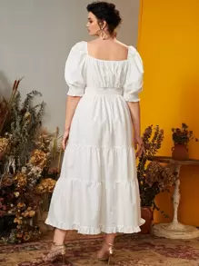 Modelyn 大碼打褶泡泡袖荷葉邊A字連衣裙 - 白色 - 查看 2