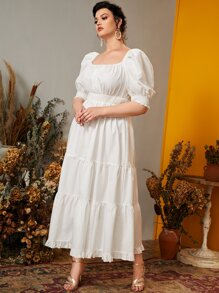 Modelyn 大碼打褶泡泡袖荷葉邊A字連衣裙 - 白色 - 查看 4