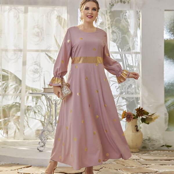 

Plus Gold Floral Print Flounce Sleeve Dress, Dusty pink