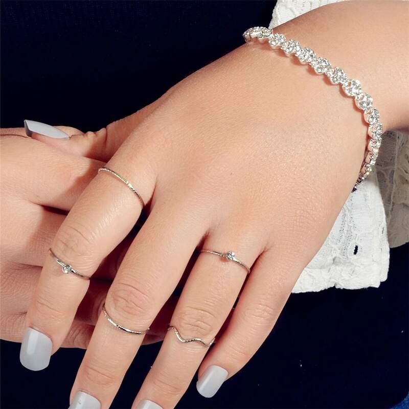 

1pc Rhinestone Bracelet & 5pcs Ring, Silver