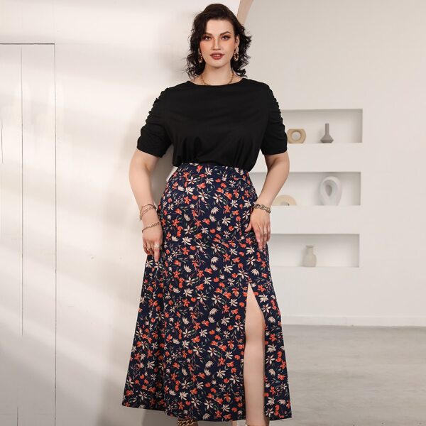 

Plus Floral Print Split Thigh Skirt, Multicolor
