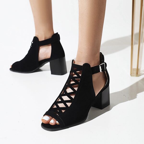 

Cross Strap Chunky Heeled Sandals, Black