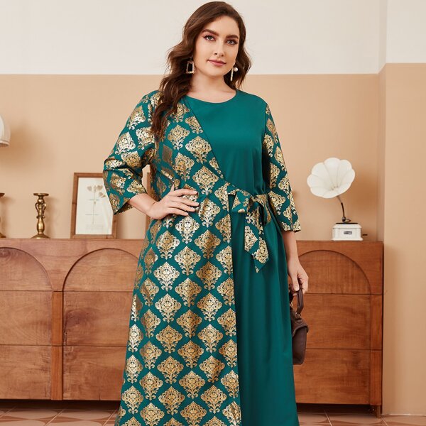 

Plus Gold Scroll Tie Side Dress & Wide Leg Pants, Multicolor